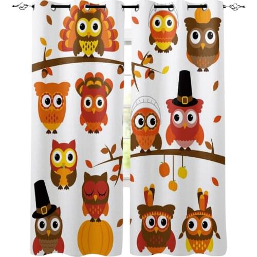 Owl Thanksgiving Animal Window Curtains Cartoon Living Room Kitchen Curtains for Bedroom Left and Right Biparting Open Curtains