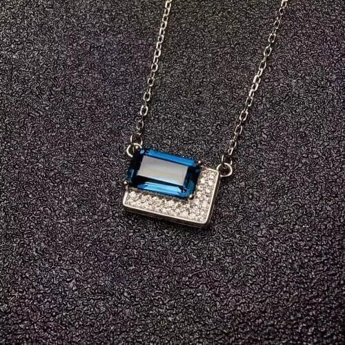 Natural blue topaz gem Necklace natural gemstone Pendant Necklace S925 silver girl Elegant fashion square party fine Jewelry