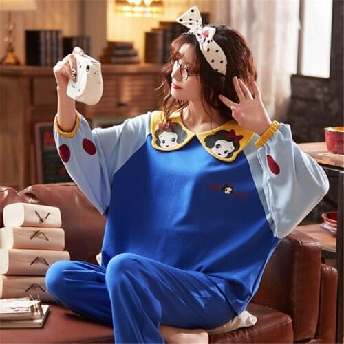 Pajamas ladies set autumn new nightwear cotton nightgown cartoon fashion home service two-piece kimono pijamas women 2020 blue