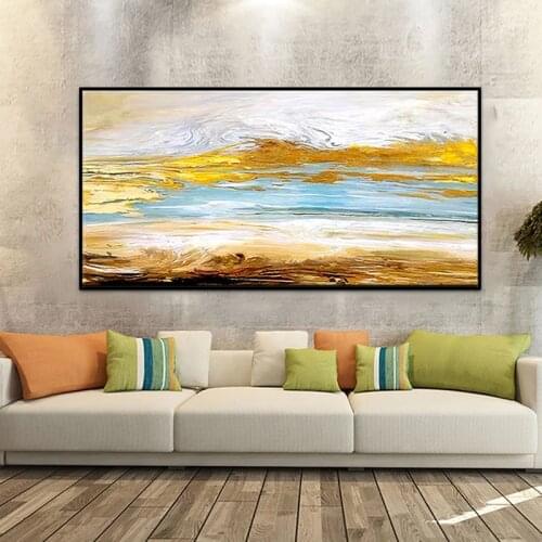 Hand Painted Thick Oil Painting On Canvas Golden Abstract Lake Landscape Wall Art For Living Room Modern Abstract Frameless