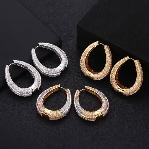 Jankelly Luxury Geometric Cubic Zirconia Statement Big Hoop Earrings For Women Wedding DUBAI Bridal Round Circle Hoop Earrings