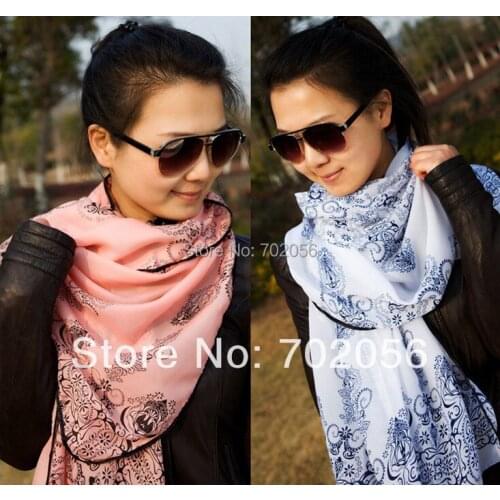 2016 Koral style blue and white porcelain chiffon scarf,Women Bandelet,Muffler,Neckerchief Scarves 140*80cm #2976