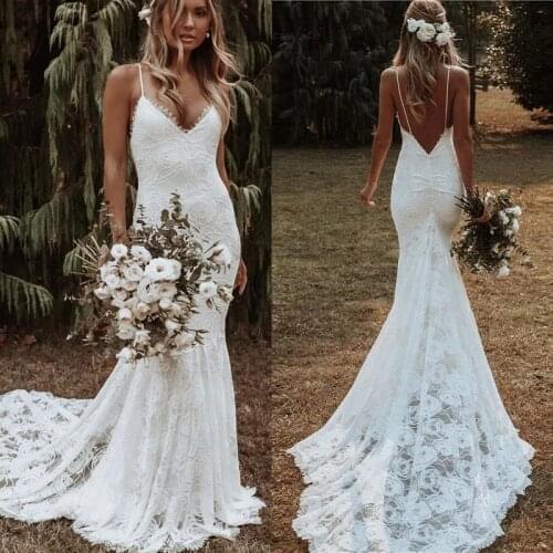 Bohemian Mermaid Wedding Dresses 2021 Backless Lace Applique Beach Country Spaghetti Straps Bridal Gowns Vestido De Noiva