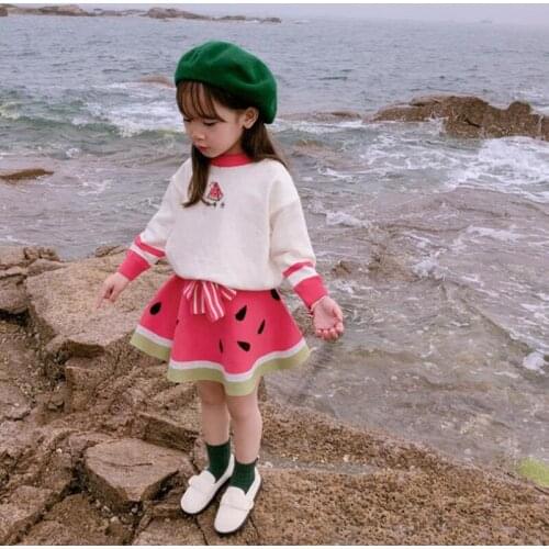 2021 Spring 2-7Yrs Toddler Girls Knitted Sets Cotton Long Sleeve Watermelon Sweater+Skirt Two Piece Set Princess Costume Outfit