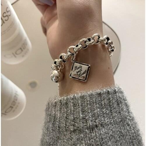 Retro Vintage 925 Sterling Silver Bracelets With English Square Card Charm Bracelets For Women Jewelry Gifts 2021
