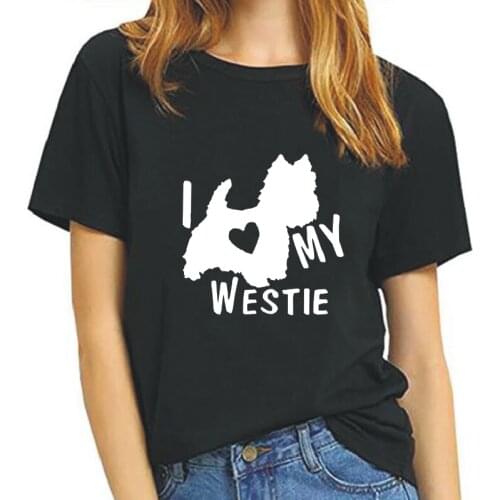 Womens T-Shirt Casual Harajuku Cotton Tees Summer Letter I Love My Westie Terrier Dogs Print Tops Plus Size 0-Neck T-Shirts
