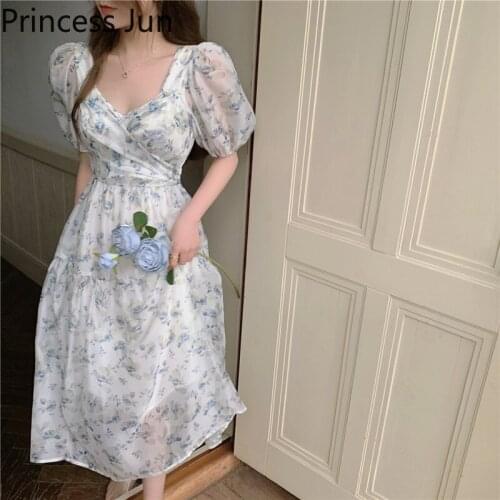 Women French Romantic Chiffon Flower Dress Square Collar Puff Sleeve Floral Printed Dress Summer Holiday Slim Waist A Line Dress