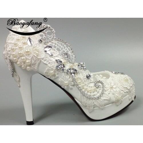 BaoYaFang High heels woman White Flower crystal wedding shoes pearl party dress shoes Round toe Ladies Pumps