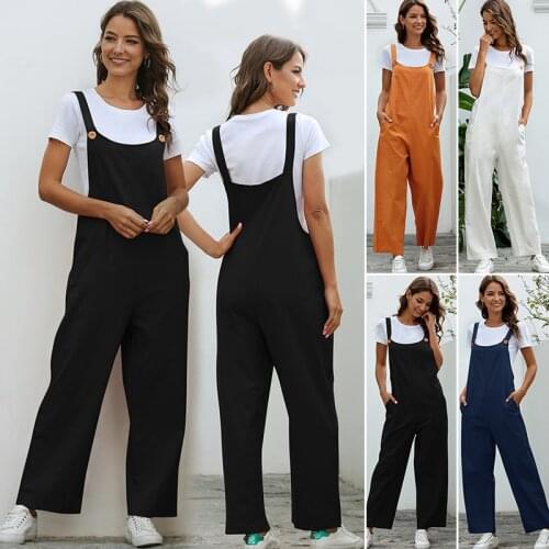 Women Casual Loose Jumpsuit Autumn Solid Strap Wide Leg Pants Dungaree Bib Overalls Sleeveless Oversized Cotton Linen Jumpsuits