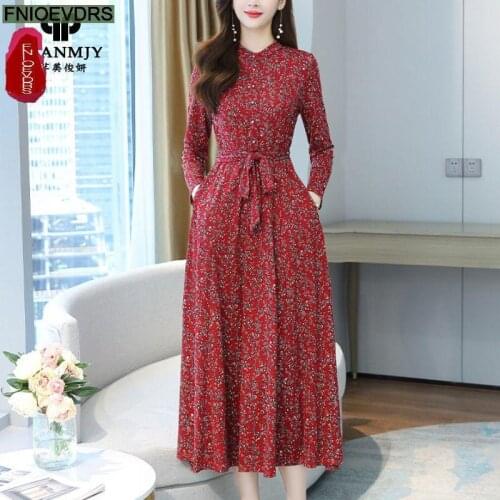Cotton Blends Flower Long Maxi Dress Fashion Women Elegant Office Lady Basic Wear Floral Print Vintage Red Feminine Vestidos
