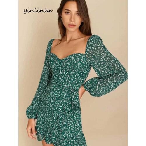 Yinlinhe Green Sexy Dress Women Long Sleeve Bow Tied Slim Ruffles Dress Heart Collar Vintage Summer Dresses French Style 2131