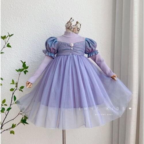 Girls Boutique solid color puff sleeve diamond knitted long sleeve party tutu dresses wholesale