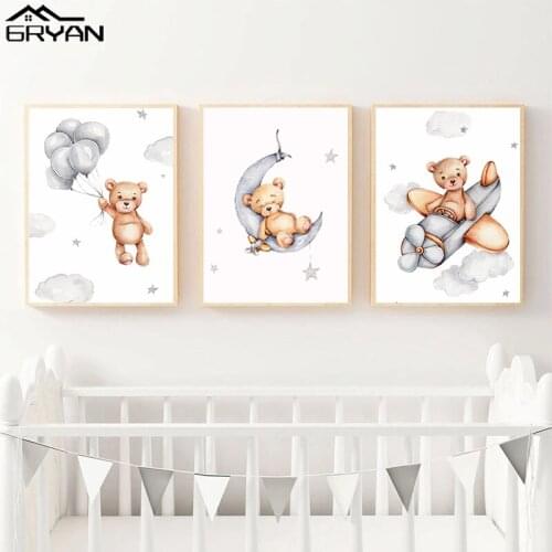 Kid Nursery Room Canvas Print Poster Cartoon Baby Bear Painting Moon Star Balloon Imagination Picture for Child Boy Girl Bedroom
