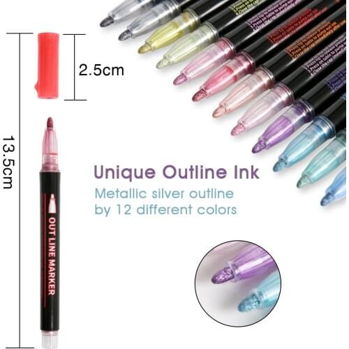 Double Line Outline Pen 12 Colors Set Metallic Glitte Markers Brush Pens for Scrapbooking Stationery School Drawing Art Supplies