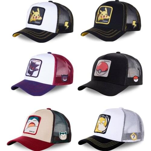 Cotton Pokemon Snapback Hats Anime Pikachu Unisex Summer Casual Plain Mesh Baseball Cap Adults Kids Birthday Party Costumes