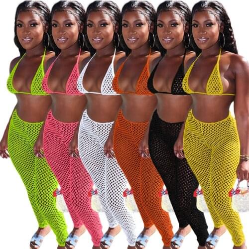 Adogirl See Through Fishnet Hollow Out 2 Piece Set Lace Up Halter Bra Top Summer Pencil Pants Women Sexy Beach Suit Club Wear