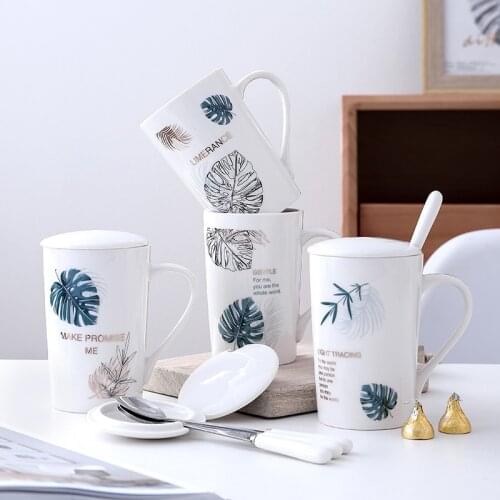 INS Leaves Ceramic Mug With Lid Spoon Home Office School Milk Tea Water Coffee Mugs Daily Drinkware Cup Creative Birthday Gifts