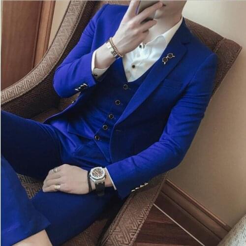 Fashion Candy-colored Men Three-piece Suit Blazer Vest Trousers Set Korean Best Man Wedding Banquet Clothing