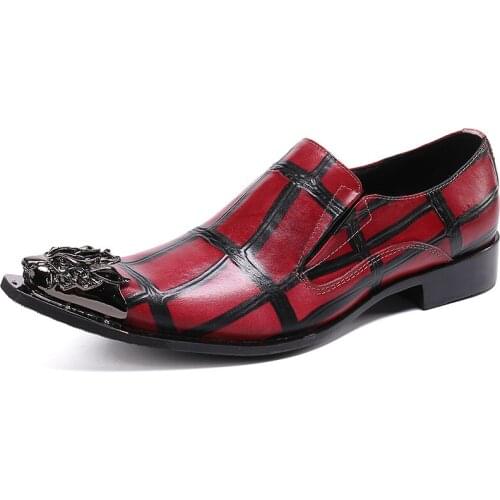 Summer Casual New Mens Classic Fashion Shoes Personality Metal Toe Pointed Toe Cowhide Leather Lattice Lazy Mens Shoes