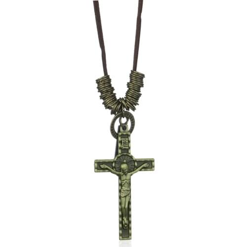 Antique Adjustable Leather Chain Necklace for Men Saint Benedict Medal Cross Jesus Pendant Necklace Male Choker Religious Gift