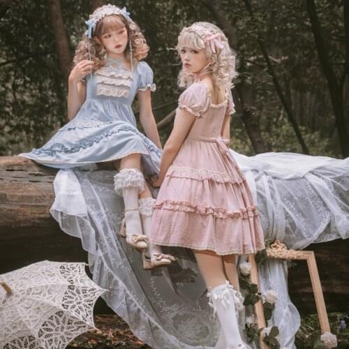 Soft Sweet Lace Up Lolita Dress Kawaii Cute Puff Sleeve Tea Party Dress Summer Vintage Ruffle Gothic Op Vestido Japanese Dress