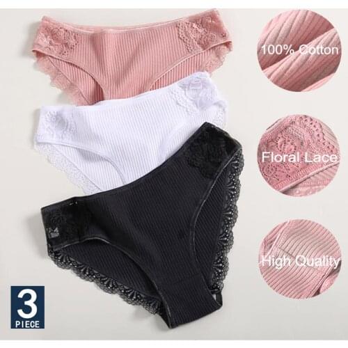 Richkeda Store New 2021 3PCS/Set Cotton Underwear Womens Panties Comfort Underpants Floral Lace Briefs