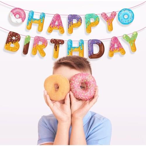 Girls Pink Sweet Donuts Grow Up Theme Party Paper HAPPY BIRTHDAY Party Hanging Banners Flags Baby Shower Party Hanging Bunting