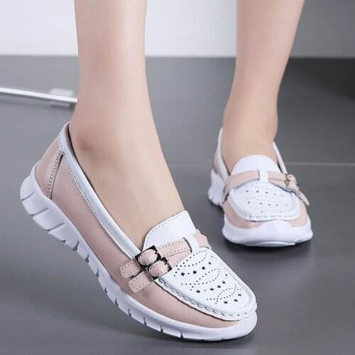 Casual Flat Shoes Women Genuine Leather Ladies Shoes Hollow Slip On Loafers Soft Ballet Shoes Female Big Size 35-42