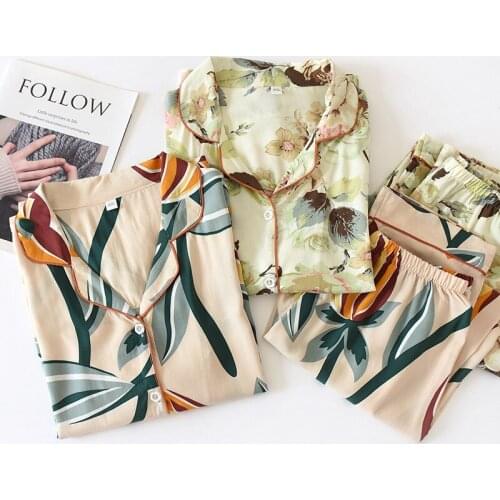 Spring / Summ100% Viscose Women Pajama Casual Turn-down Collar Long Sleeve Sleepwear Vintage Printed Pockets Summer Pyjama Femme