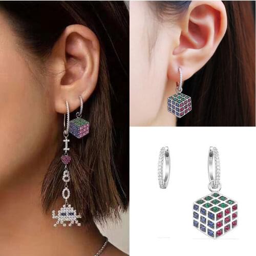 AAA+ Fashion Micro Pave Top Cubic Zirconia Asymmetry MAGIC CUBE Earrings Silver Hoop For Women Monaco Jewelry