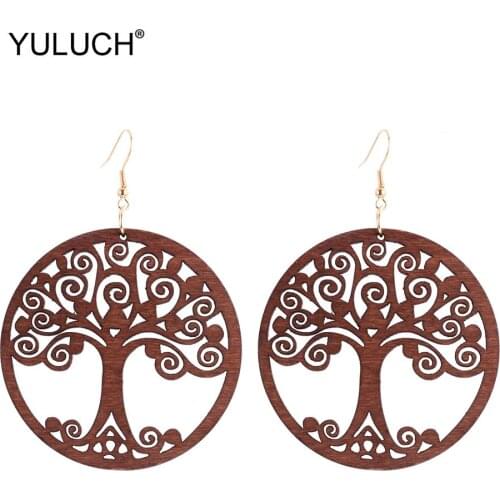 YULUCH Ethnic Black Red Pendant Earrings For Women Round Brown Hollow Life Tree Statement Earrings Big Hanging Jewelry For Party