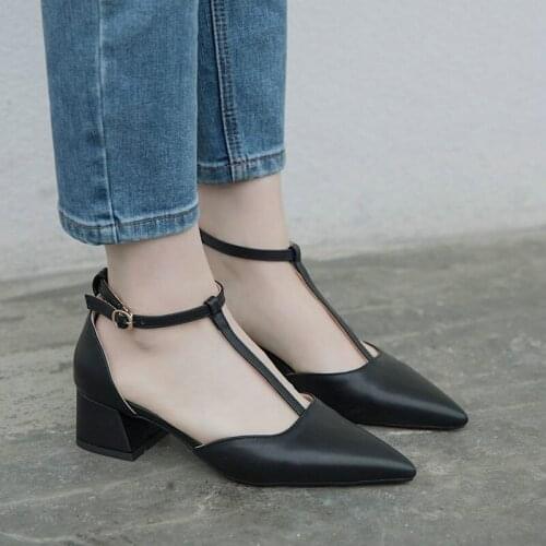 AGODOR Pointed Toe Women Pumps T-strap Pump Shoes Mid Heel Ankle Strap Ladies Shoes Elegant All Match Pumps Size 33-43