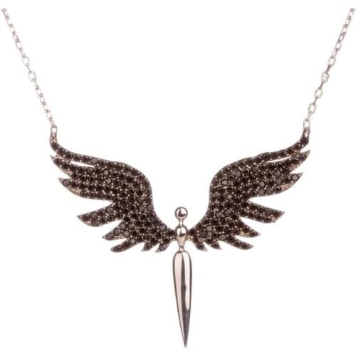 925 Sterling Silver Angel Necklace with Black Stones Womens Pendant Necklace with Silver Chain Angel Wings Necklace