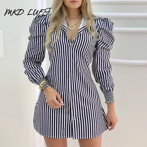 Striped Button Design Puffed Sleeve Shirt Dress Women Casual Work Dress