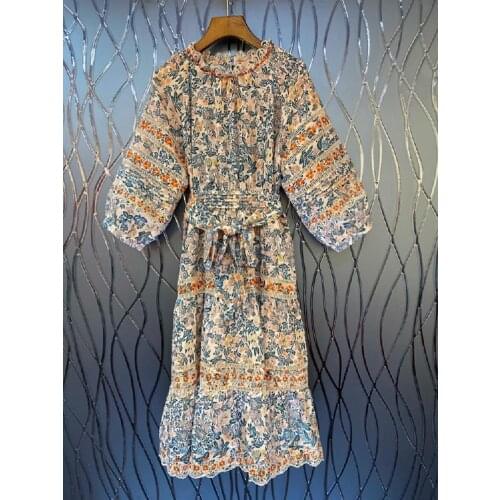 2021 Summer Fashion Style Dress High Quality Women O-Neck Vintage Floral Print Belt Deco Lantern Sleeve Mid-Calf Casual Dress