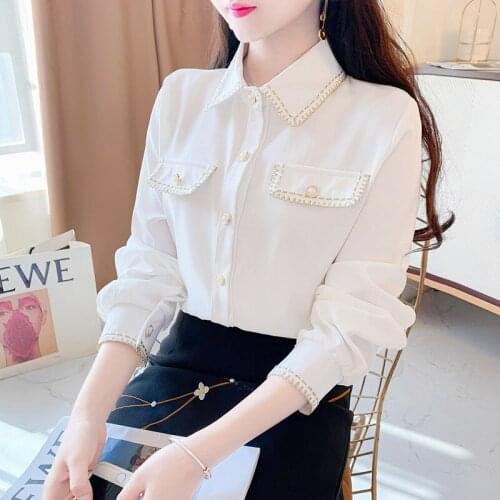 White Chiffon Blouse Women New 2021 Spring Korean Small Fragrance Lapel Tops All-Match Solid Color White Shirt Female Autumn