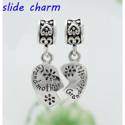 Slide charm free shipping DIY beads Grandfather grandmother heart pendant charm beads fit Pandora bracelet necklace