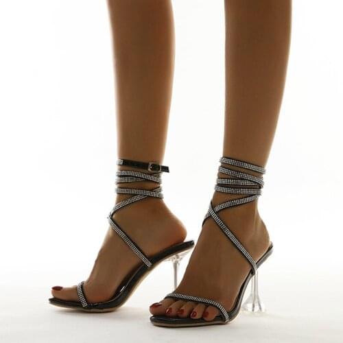 Sexy Narrow band ankle strap buckle Women Sandals Crystal Clear heeled Female Gladiator sandals High heels Office Lady shoes