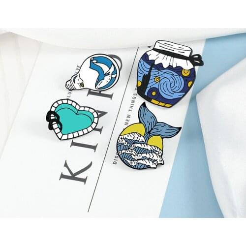 Cartoon Art Painting Brooches Whale Bulb Sea Wave Enamel Pins Starry Night Jar Swimming Pool Jewelry for Friends Bag Denim Badge
