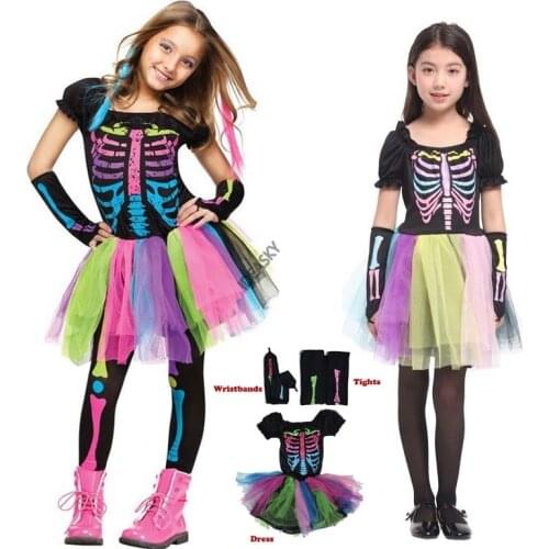 Halloween costumes for kids gril Rainbow skeleton Skull Scary witch vampire cosplay child fancy dress up Carnival suit christmas
