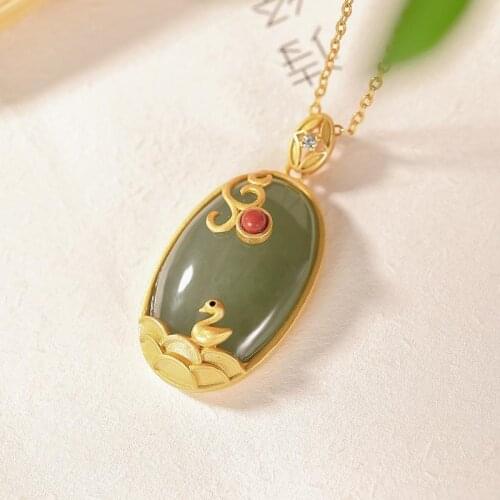 Elegant Swan Womens Necklace Pendant Original S925 Sterling Silver Gold Plated Natural Hetian Jade National Style Chain Set Cla