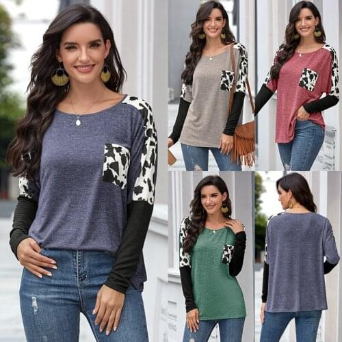 Lepard Print Patchwork Long Sleeve Womens T-Shirt with Pocket O-Neck Basic Oversized Female Tops Autumn Fashion Clothing 2020