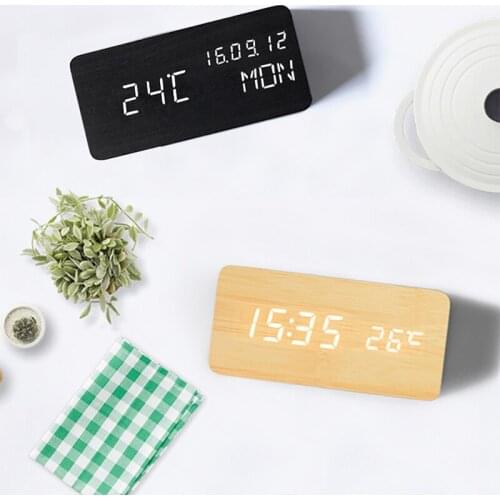 Ganxin Sounds Control Wooden Alarm Desk Clock Modern Electronic Multifunction Wood Digital LED Table Clock