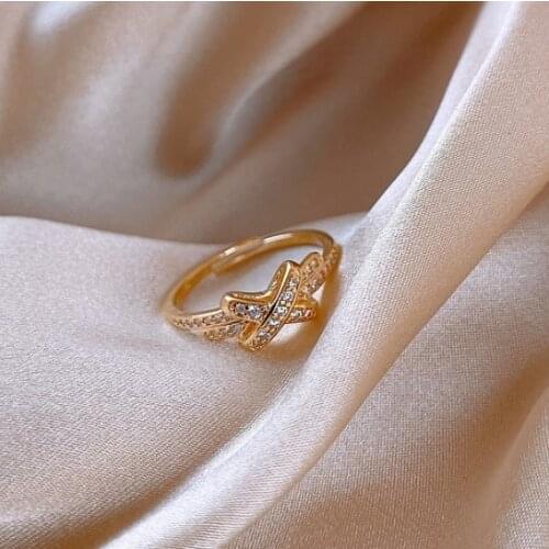 Classic Lovely Gold Color Bowknot Rings For Women Luxury Rhinestone Crystal Engagement Wedding Rings Jewelry