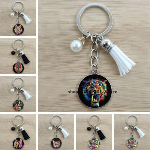 Cool and colorful lion keychain oil painting tiger keychain owl keychain cute animal glass cabochon keychain for boyfriend gift