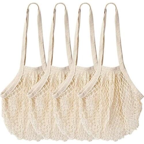 Reusable Produce Bags, 4 Pack Extra Long Handle Mesh Cotton Grocery Bags, Eco-Friendly Washable Shopping Bags