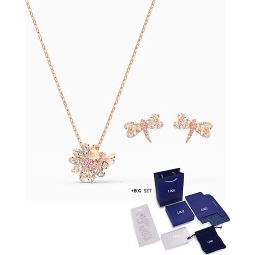Fashion High Quality SWA Earrings Necklace ETERNAL FLOWER DRAGONFLY Set Dragonfly Daisy Ladies Jewelry Gift Free Shipping