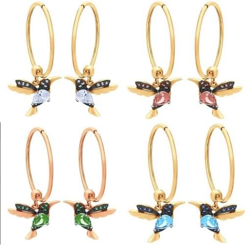 Ofertas 5 Colors Elegant Zirconia Bird Animal Gold Color Dangle Enamel Metal Zinc Alloy Hoop Earrings for Women Wedding Jewelry