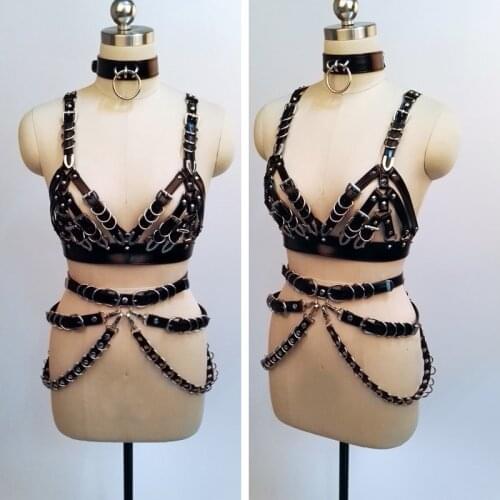 100% Handmade Heavy Duty Punk Fetish Harness Black PU Leather Bra Top Waist Cincher Garter Belt Suspender Straps