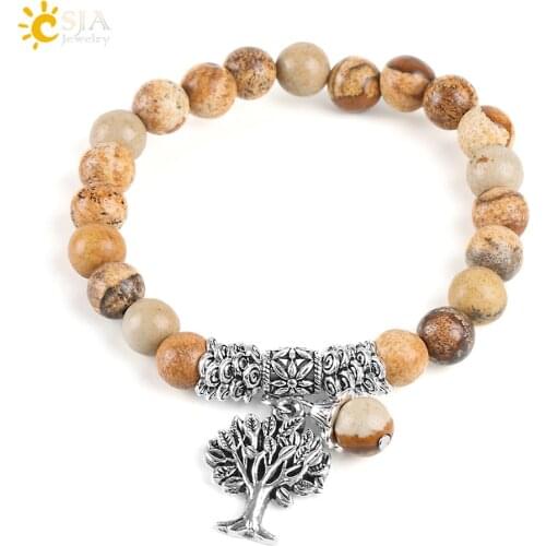 CSJA Natural Picture Gem Stone Bracelet Pulseras Tree of Life Yoga Mala Rosary Beads Spiritual Charm Energy Healing Jewelry E743